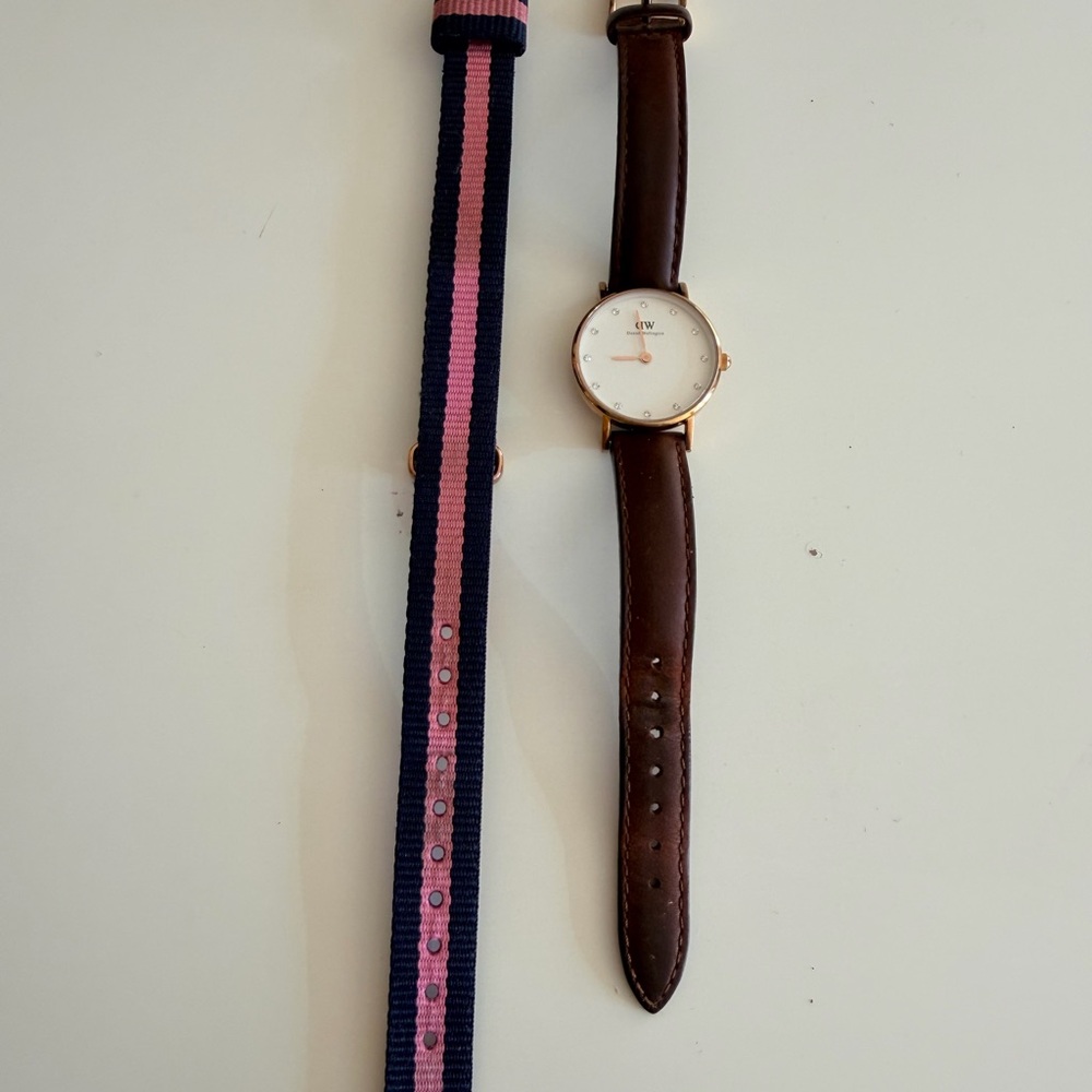 Daniel Wellington Brown Leather Watch with Pink and Blue Strap